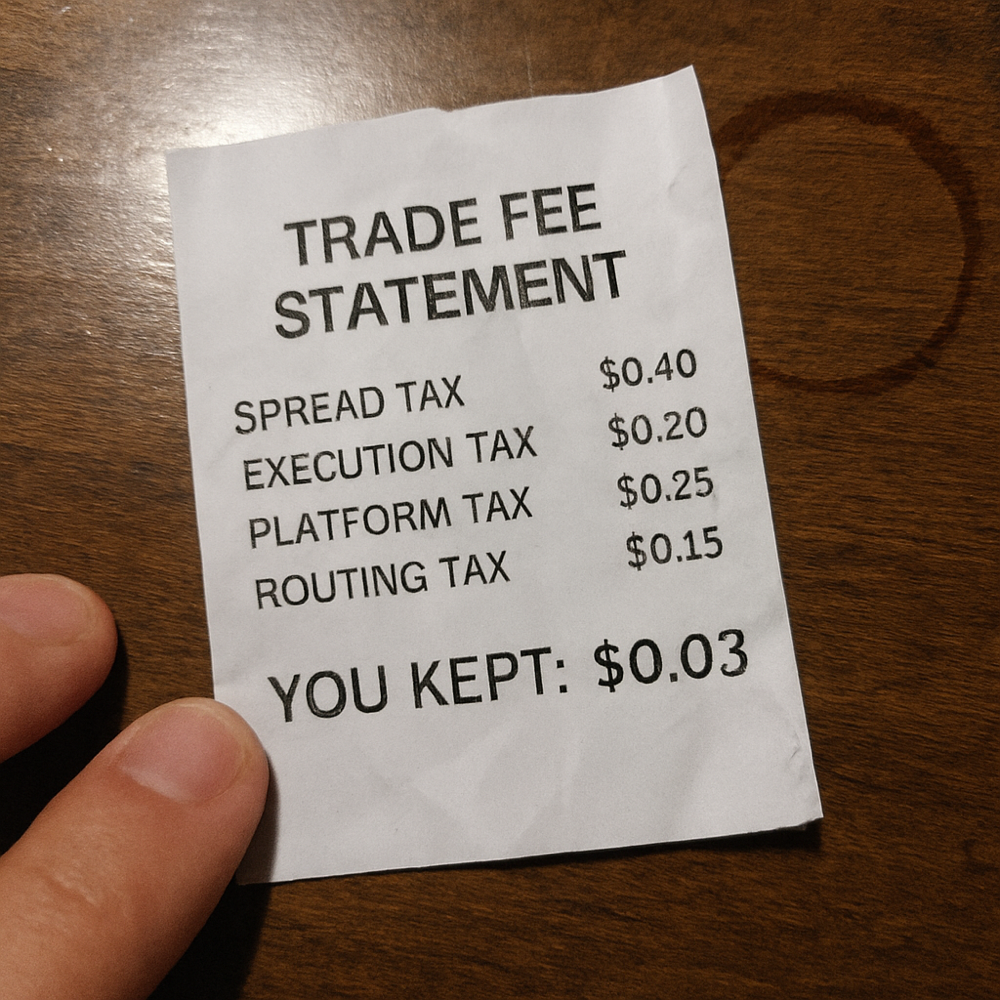 A printed trade fee statement on a wooden desk: spread tax $0.40, execution tax $0.20, platform tax $0.25, routing tax $0.15, you kept $0.03